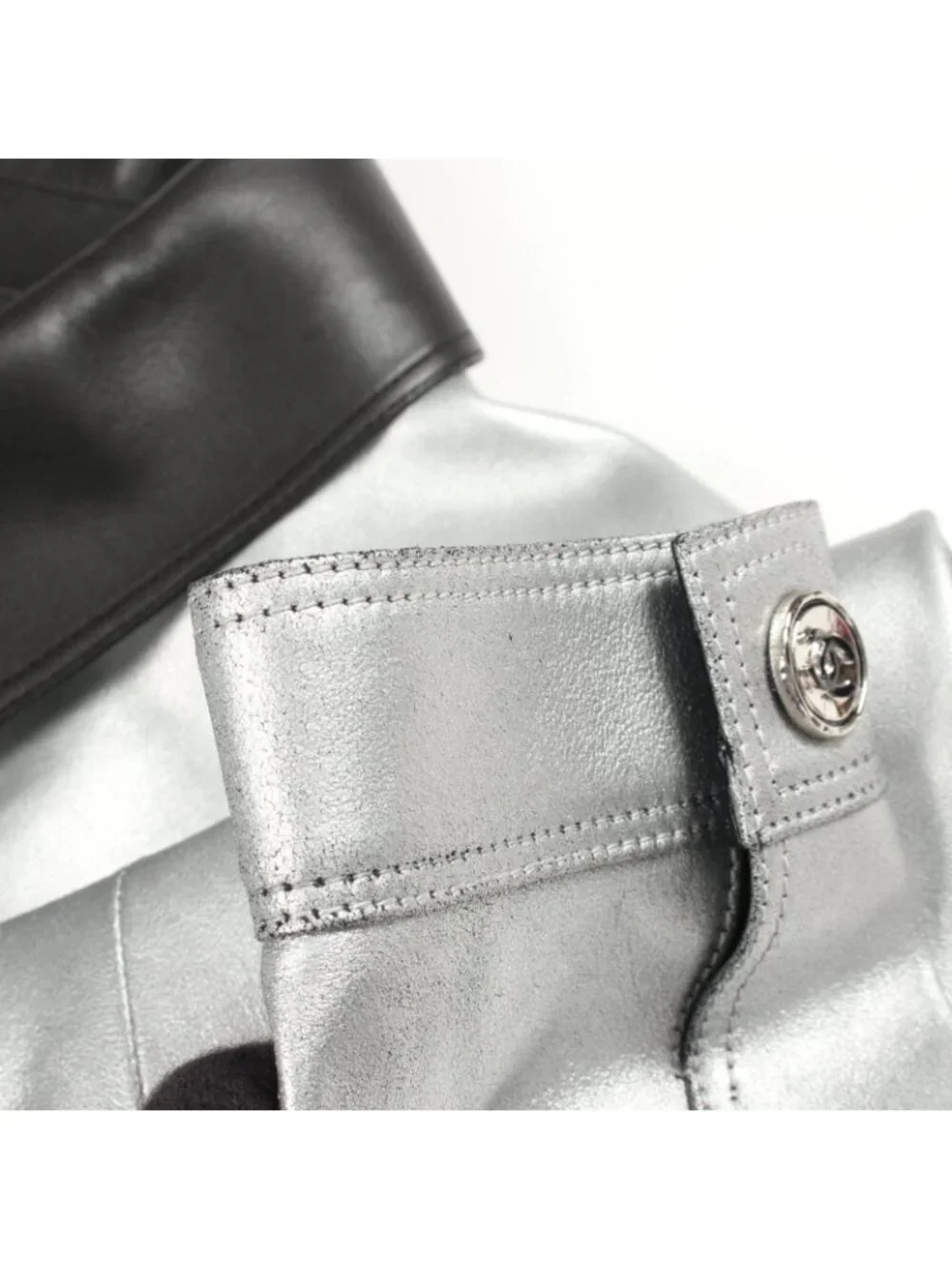 Chanel Leather Jacket CC Logo Button Metallic Cles the